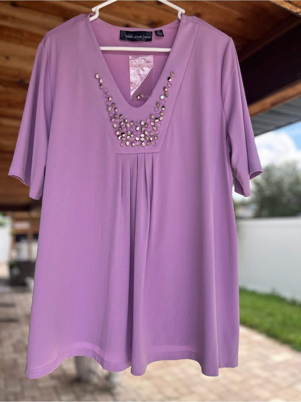Susan Graver Lavender V-Neck Blouse with Beaded Detail